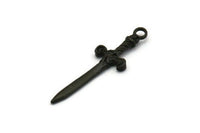 Knight&#39;s Sword Pendant, 4 Oxidized Black Plated Brass Sword Charms (36x10mm) N0248 H1010