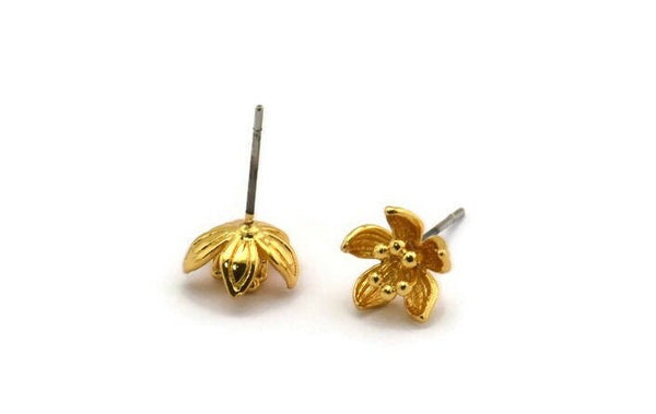 Gold Flower Earring, 4 Gold Plated Brass Flower Stud Earrings (9mm) N1934