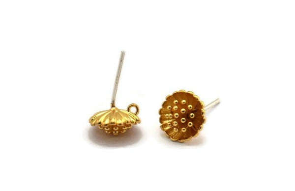 Gold Flower Earring, 4 Gold Plated Brass Flower Stud Earrings With 1 Loop (9mm) N1931