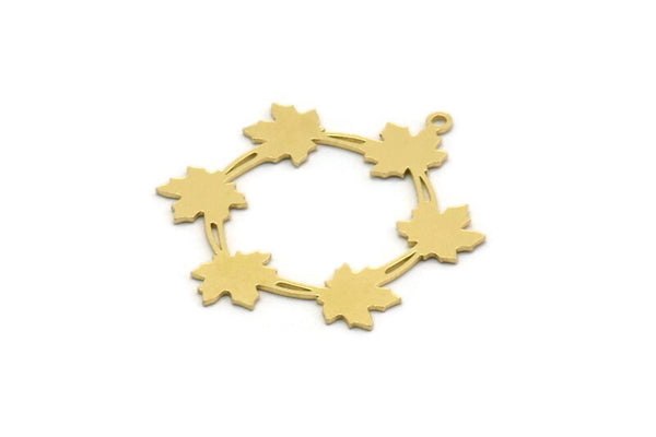 Brass Leaf Charm, 4 Raw Brass Leaf Patterned Round Shaped Charms With 1 Loop, Earring Charm Findings (34.5x28x0.60mm) SMP0264