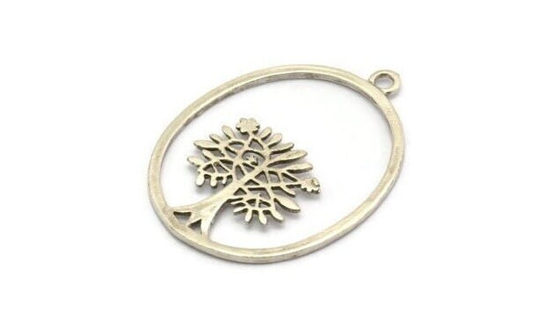 Silver Tree Charm, 2 Antique Silver Plated Brass Tree Charms With 1 Loop, Pendant, Findings (45x34x1.2mm) BS 2044