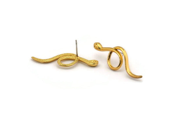 Gold Snake Earring, 2 Gold Plated Brass Snake Stud Earrings (38x13x2mm) N1593 H1679