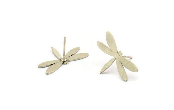 Silver Dragonfly Earring, 8 Antique Silver Plated Brass Dragonfly Shaped Stud Earrings (13x21x0.60mm) A3044