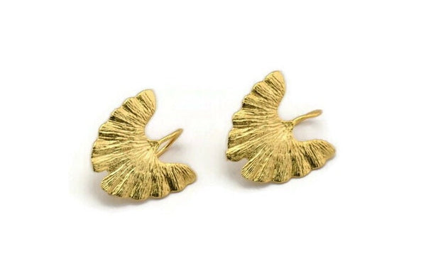 Gold Leaf Earring, 2 Gold Plated Brass Ginkgo Bilabo Leaf Stud Earrings With 1 Loop (22x20mm) N1929