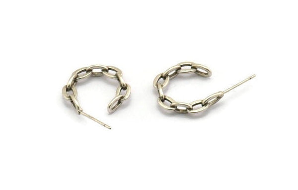Silver Chain Earring, 4 Antique Silver Plated Brass Soldered Chain Shaped Stud Earrings (20x4mm) N1933
