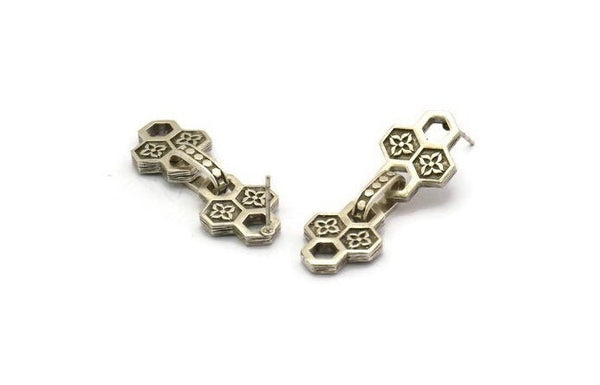 Silver Chain Earring, 2 Antique Silver Plated Brass Honeycomb Shaped Soldered Chain Stud Earrings N1824