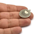 Silver Oval Charm, Antique Silver Plated Brass Oval Charm With 1 Loop, Sun Findings, Sun Rising Findings (29.5x23x1.5mm) N2227