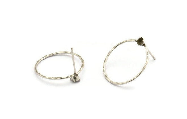 Silver Round Earring, 2 Antique Silver Plated Brass Hammered Round Earring Posts With 1 Pad, Pendants, Findings (19x0.8mm) E366