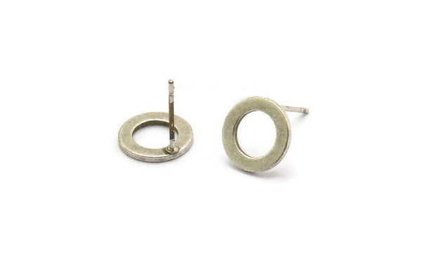 Silver Round Earring, 8 Antique Silver Plated Plated Brass Round Earring Posts, Pendants, Findings (10x1mm) E341