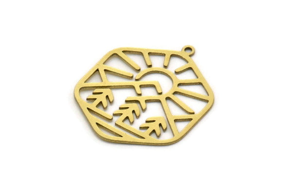 Brass Hexagon Charm, 4 Raw Brass Rising Sun And Mount Patterned Hexagon Shaped Charms With 1 Loop, Charm Pendants (28x23.5x0.60mm) SMP0559