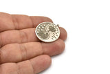 Silver Round Charm, Antique Silver Plated Brass Round Charm With 1 Loop, Tree Findings, Leaf Findings (28.5x26x1.5mm) N2216