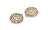 Silver Round Charm, Antique Silver Plated Brass Round Charm With 1 Loop, Sunshine Findings, Sun Findings (30x27.5x1.5mm) N2192