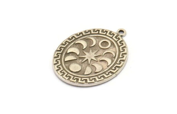 Silver Oval Charm, Antique Silver Plated Brass Oval Charm With 1 Loop, Moon Finding, Moon Phases Finding (30x23x1.5mm) N2316