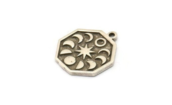 Silver Octagon Charm, 4 Antique Silver Plated Brass Octagon Charms With 1 Loop, Moon Findings, Moon Phases Findings (19x16x1.4mm) N2329