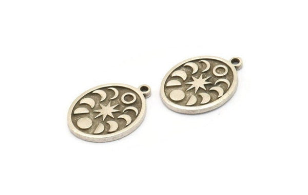 Silver Oval Charm, 4 Antique Silver Plated Brass Oval Charms With 1 Loop, Moon Findings, Moon Phases Findings (20x15x1.4mm) N2348