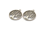 Silver Round Charm, 2 Antique Silver Plated Brass Tree Charms With 1 Loop, Pendants, Findings (29x25x3mm) N2423