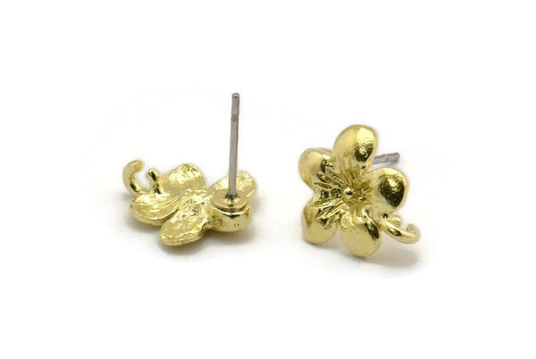 Brass Flower Earring, 6 Raw Brass Flower Stud Earrings With 1 Loop (13x11mm) N2295