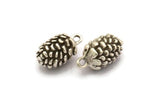 Silver Cone Charm, 2 Antique Silver Plated Brass Pine Cone Charms With 1 Loop (22x13mm) N0197