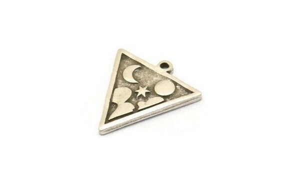 Silver Triangle Charm, 4 Antique Silver Plated Brass Triangle Charms With 1 Loop, Cloud Findings, Moon And Star Findings (20x18x1.4mm) N2338