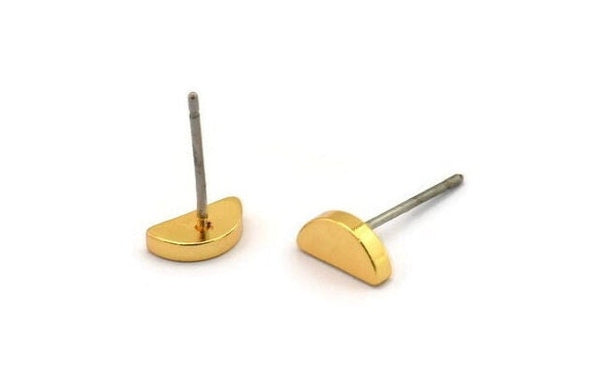Half Moon Stud, 4 Stainless Steel Earring Posts With Gold Plated Brass Half Moon Stud, Ear Studs (8x14mm) E336