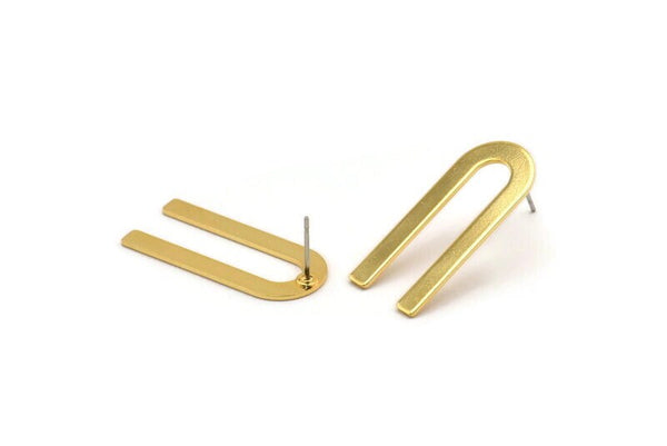 U Shape Earring, 4 Gold Plated Brass U Shaped Stud Earrings (30x13x0.80mm) M163 A1586