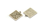 Silver Square Charm, 2 Antique Silver Plated Brass Square Charms With 1 Loop, Motif Findings, Ethnic Motif Findings (18x15x1.5mm) N2307