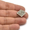 Silver Square Charm, 2 Antique Silver Plated Brass Square Charms With 1 Loop, Motif Findings, Ethnic Motif Findings (18x15x1.5mm) N2307