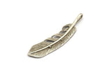 Silver Feather Pendant, Antique Silver Plated Brass Feather Charm, Feather Pendant (51x12x2.35mm) N0178