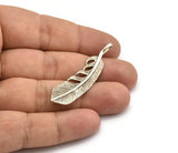 Silver Feather Pendant, Antique Silver Plated Brass Feather Charm, Feather Pendant (51x12x2.35mm) N0178