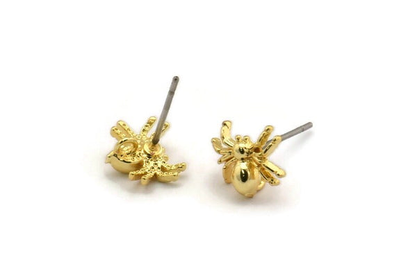 Gold Spider Earring, 6 Gold Plated Brass Spider Stud Earrings With 1 Loop (9x7mm) N1227