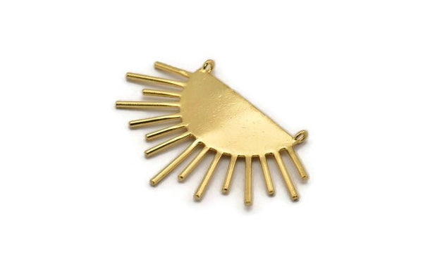 Moon and Sun, Gold Plated Brass Crescent Moon and Semi Sun Ethnic Pendant With 2 Loops, Finding, Charm (54x35x1mm) U126