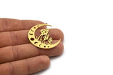 Brass Moon Charm, 4 Raw Brass Mushroom And Crescent Moon Shaped Charms With 1 Loop, Findings (38x36x0.60mm) SMP0699 A6881