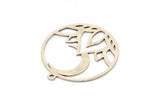 Silver Round Charm, 6 Antique Silver Plated Brass Lotus Flower And Crescent Moon Patterned Round Charms With 1 Loop (31x28x0.60mm) A3301
