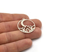 Silver Round Charm, 6 Antique Silver Plated Brass Lotus Flower And Crescent Moon Patterned Round Charms With 1 Loop (31x28x0.60mm) A3301