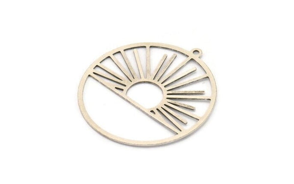 Silver Round Charm, 4 Antique Silver Plated Brass Rising Sun Patterned Round Shaped Charms With 1 Loop, Charm Pendants (37x35x0.60mm) A5174