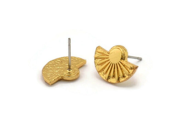 Gold Sun Earring, 2 Gold Plated Brass Sun Shaped Stud Earrings (10x14mm) U129