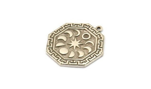 Silver Octagon Charm, Antique Silver Plated Brass Octagon Charm With 1 Loop, Moon Findings, Moon Phases Findings (28x25x1.5mm) N2246