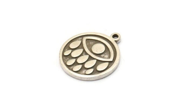 Silver Round Charm, 2 Antique Silver Plated Brass Round Charms With 1 Loop, Eye Findings, Teardrop Findings (19x17x1.5mm) N2380