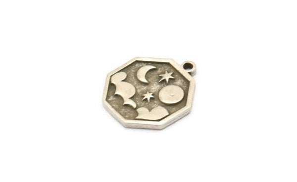 Silver Octagon Charm, 4 Antique Silver Plated Brass Octagon Charms With 1 Loop, Cloud Findings, Moon And Star Findings (19x16x1.5mm) N2332