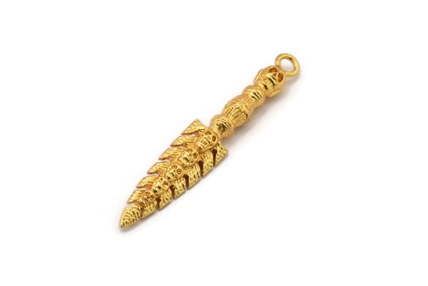 Tribal Sword Pendant, Gold Plated Brass Sword Charm With 1 Loop, Skull Charms, Findings (59x10x6mm) N0193