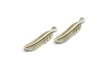 Silver Feather Charm, 4 Antique Silver Plated Brass Feather Charms, Tribal Pendants with 1 Holes (33x8.5mm) N0418