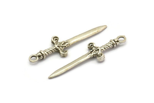 Knight&#39;s Sword Pendant, 4 Antique Silver Plated Plated Brass Sword Charms (36x10mm) N0248 H1010