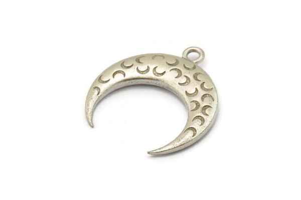 Silver Moon Charm, Antique Silver Plated Brass Textured Horn Charm With 1 Loop, Pendants, Findings (27x8x3.55mm) N0239