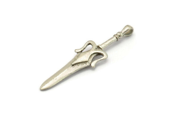 Knight&#39;s Sword Pendant, Antique Silver Plated Brass Sword Charm With 1 Loop, Findings (49mm) N0187 H1081
