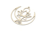Silver Lotus Charm, 4 Antique Silver Plated Brass Lotus Flower And Crescent Moon Patterned Charms With 1 Loop, Findings (34x33x0.60mm) A5133