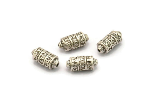 Silver Long Bead, 6 Antique Silver Plated Brass Long Beads, Findings (5x12mm) N0258