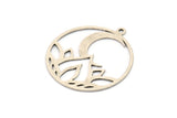 Silver Round Charm, 6 Antique Silver Plated Brass Lotus Flower And Crescent Moon Patterned Round Charms With 1 Loop (31x28x0.60mm) A3301