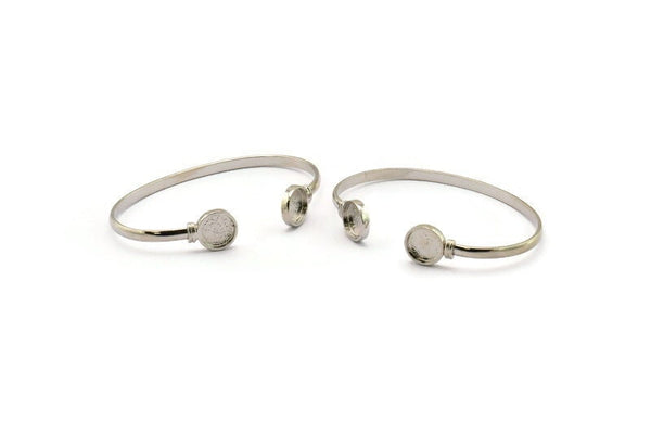 Silver Round Cuff, Silver Tone Brass Round Cuff Stone Setting With 2 Pads - Pad Size 10mm V109 H0924
