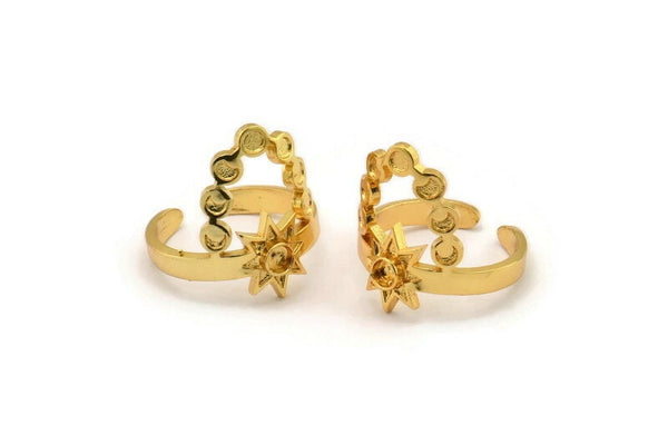 Gold Ring Setting, Gold Plated Brass Moon Phases Shaped Ring With 1 Stone Setting - Pad Size 3mm N0571