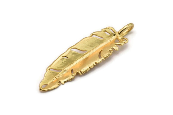 Bird Feather Charm, Gold Plated Brass Feather Charm With 1 Loop, Feather Pendants (67x16mm) N0173